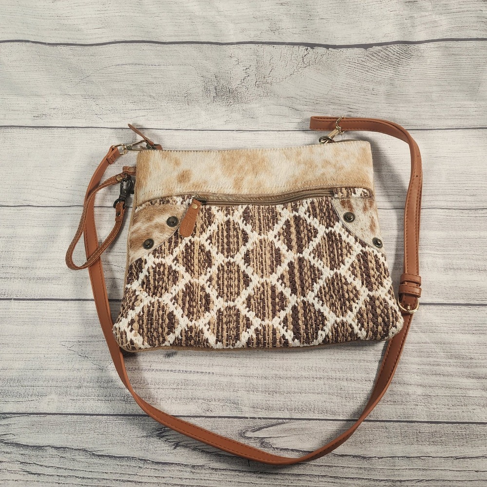 Myra Bag Brown Tan Woven Diamond Hair-on Hide Canvas Crossbody Bag Western Boho